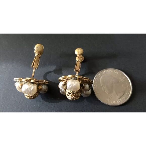 Vintage Signed Miriam Haskell Faux Baroque Pearl and Floral  MIRIAM HASKELL Vintage Gold Gilt Baroque Faux Pearl Screw Clip Earrings Signed